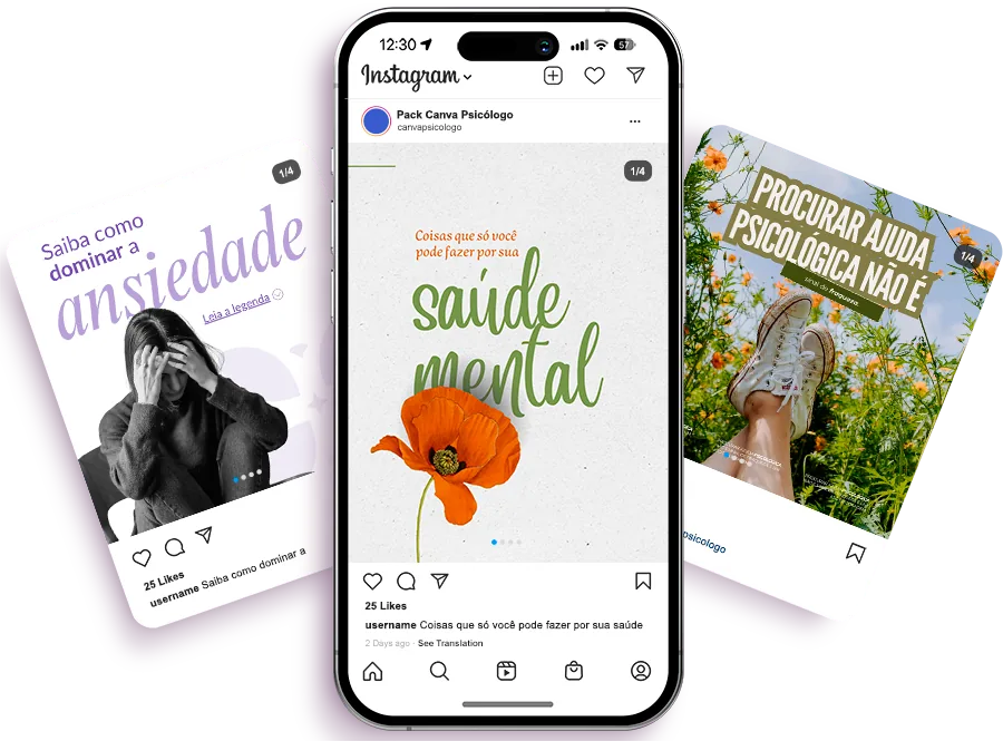 Exemplos de posts do Ultra Pack Canva Psicólogo